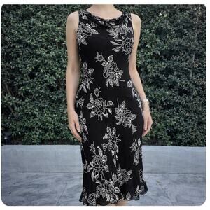Vintage Eva Blue Floral Sequins Black Midi Ruched Tank Dress Women’s 4 Y2K
